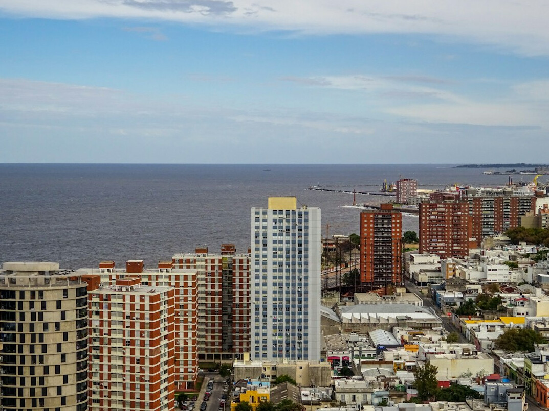 Montevideo waterfront at dusk with city skyline